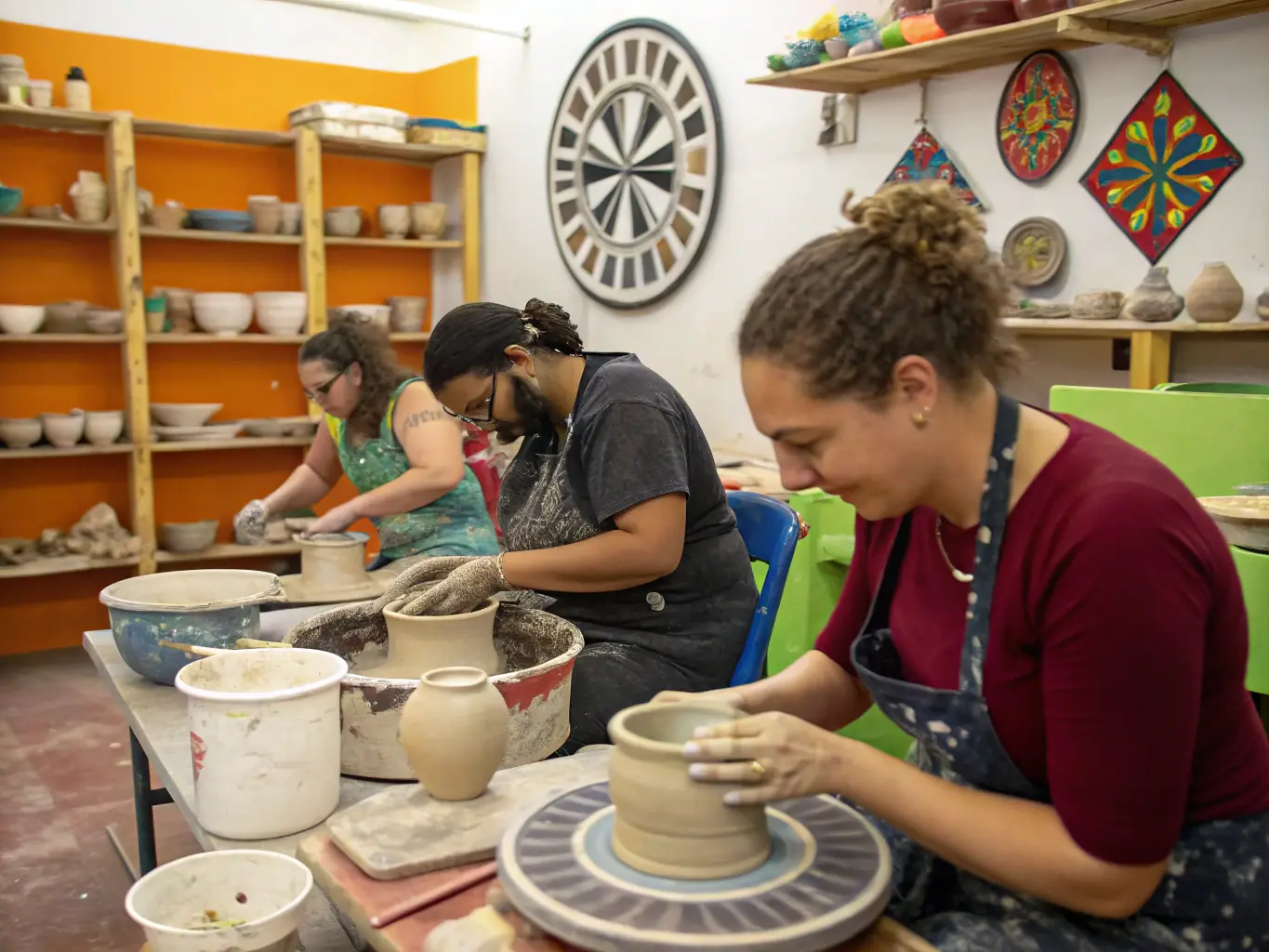 A group of children participating in a medieval pottery workshop at the AMMV, smiling and focused on their creations, with a museum educator guiding them.