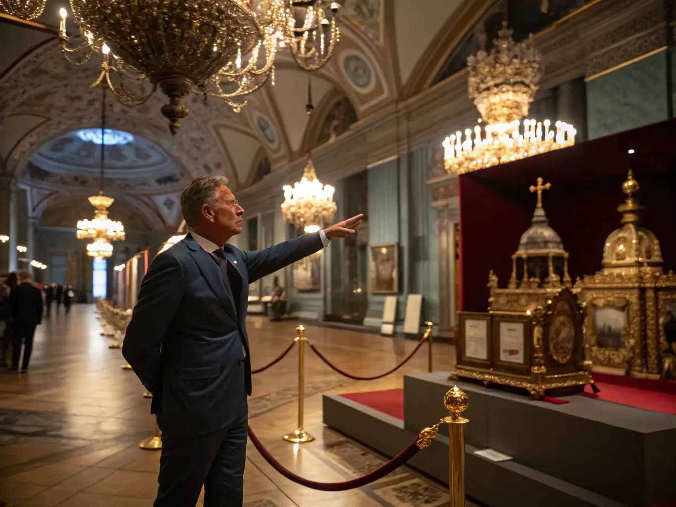 A museum guide leading a tour through the AMMV, pointing out artifacts and explaining their historical significance to a group of attentive visitors.